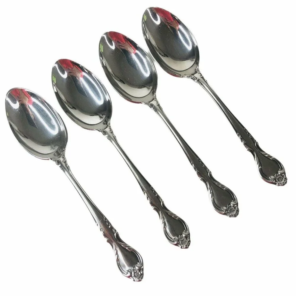 4 Lyon International Queens Fancy Soup Spoons Oval Stainless Flatware Satin VTG